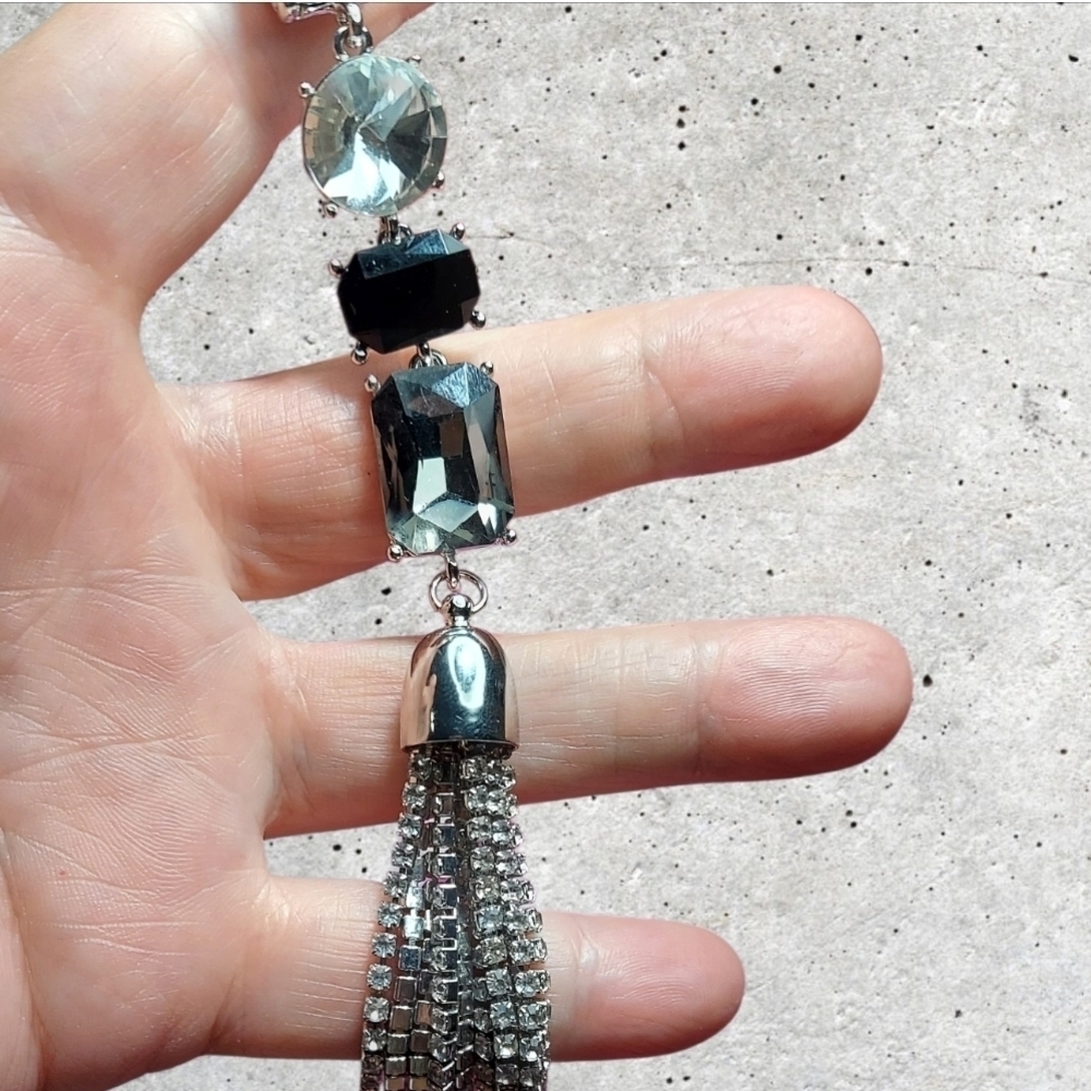 NWT Nadine West Chunky Silver With Black, Gray & Clear Rhinestone Necklace ~28"